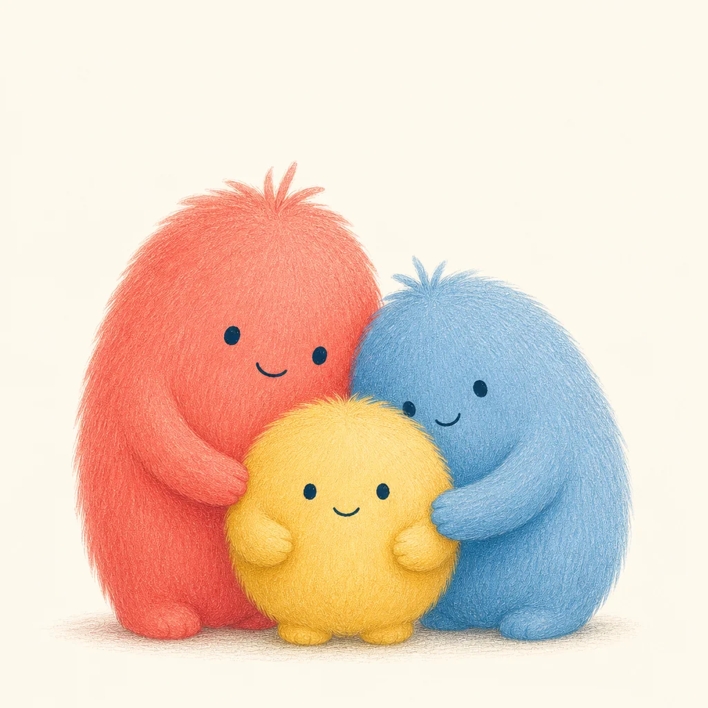 Three soft, colorful creatures sharing a hug